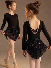 SHEIN 少女休闲运动瑜伽舞蹈服，露背连体裤配网纱裙套装，春夏款 - 黑色 - 查看 8