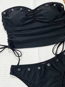 Swim Chiccia Chicsea-D 黑色无肩带可拆卸肩带金属孔眼褶皱侧边抽绳休闲性感女士沙滩连体泳衣套装 - 黑色 - 查看 3