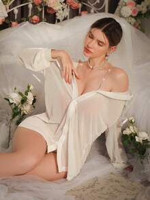 Boyfriend Style Shirt, Rhinestone Shoulder Straps, Shiny, Cold-Shoulder, Romantic, Comfortable, Minimalist, Loose, Pure Style, Cold-Shoulder, Women's Nightgown - White - View 1