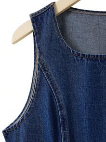 GlowEve 夏季休闲无袖褶裥下摆系带牛仔连衣裙 - 藍色 - 查看 5