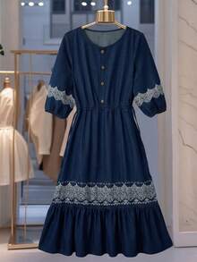 GlowEve Women's Casual Floral Print Drawstring Waist Denim Dress, Summer - Blue - View 1