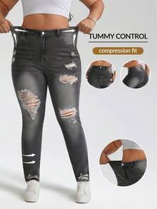 SHEIN Tall CURVE 2026夏季大码女装休闲夏季度假装扮，Y2K街头风纯色做旧磨边破洞黑色紧身牛仔裤 - 灰色 - 查看 8