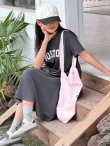 DAZY Tween Girls Round Neck Letter Print Short Sleeve Knit Dress, Fall - Grey - View 6