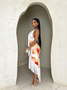 BamGleam 女士露背系带花卉印花流苏设计休闲度假约会外出中长连衣裙 - 彩色 - 查看 4