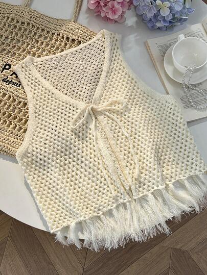 Sunnyshic Casual Minimalist Sweet Beige V-Neck Hollow Tie-Up Knit Tank Top For Women, Summer