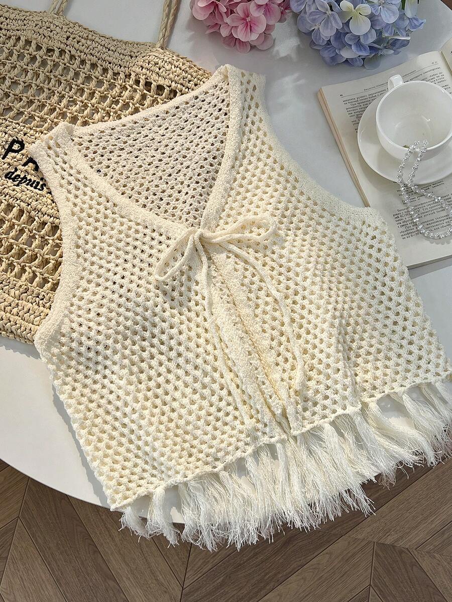 Sunnyshic 女士休闲简约甜美米色V领镂空系带针织背心，夏季 - 米色 - 查看 1