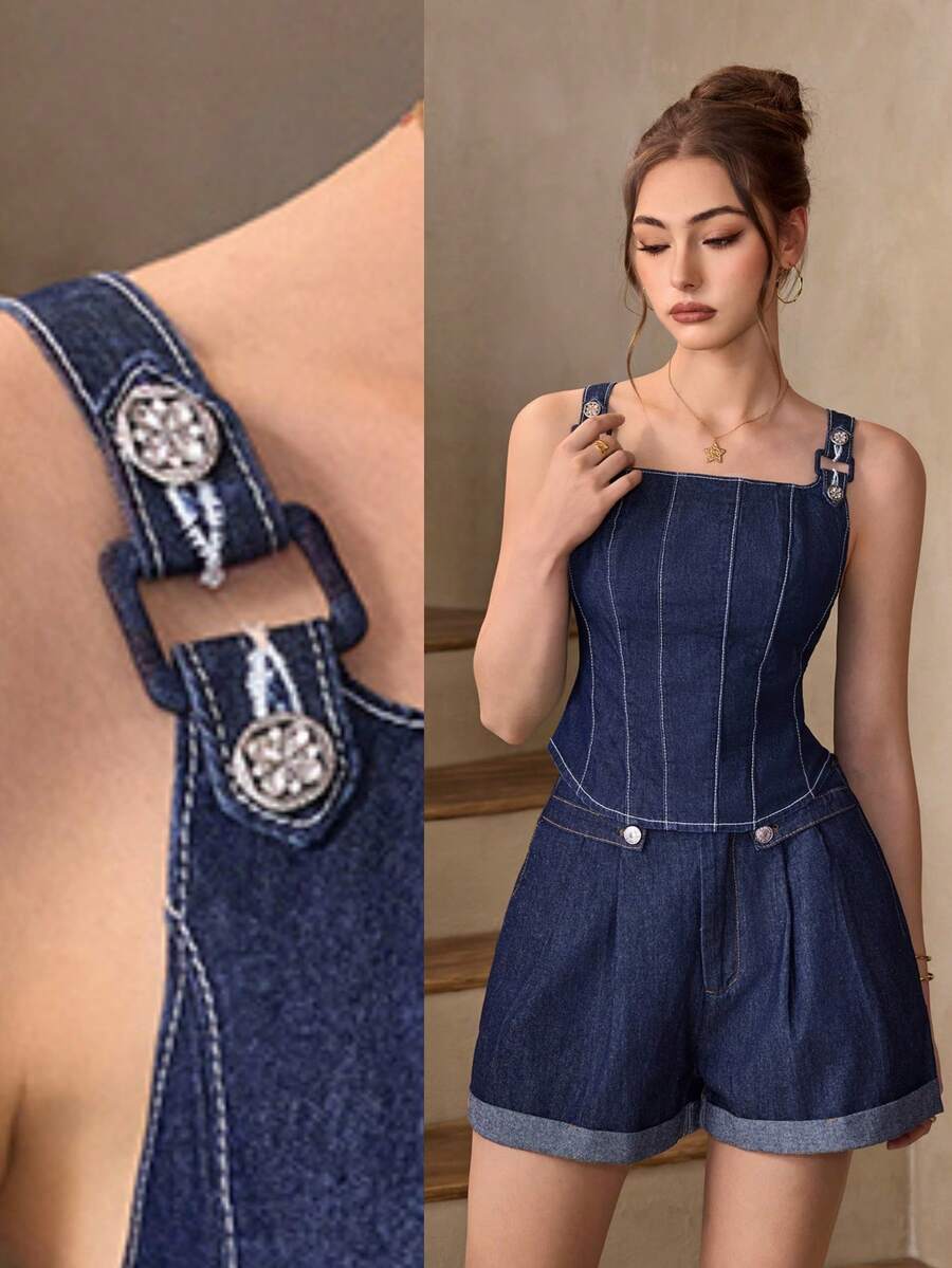 Selenza 女士休闲无袖牛仔上衣，夏季 - 藍色 - 查看 1