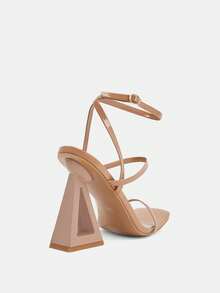 Glitzique 女士方头高跟夏季凉鞋，新款不对称高跟露趾高跟鞋，舒适时尚系带高跟鞋，杏色 - 杏色 - 查看 5