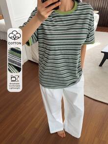 DAZY 2件套女士宽松条纹短袖T恤和直筒长睡裤，夏季睡衣套装 - 綠色 - 查看 5