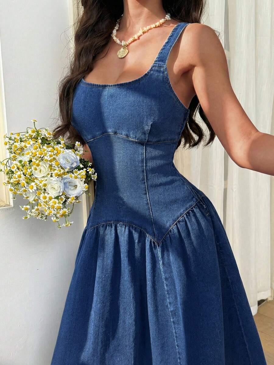 Breezaya 女士高开衩牛仔连衣裙 - 藍色 - 查看 1