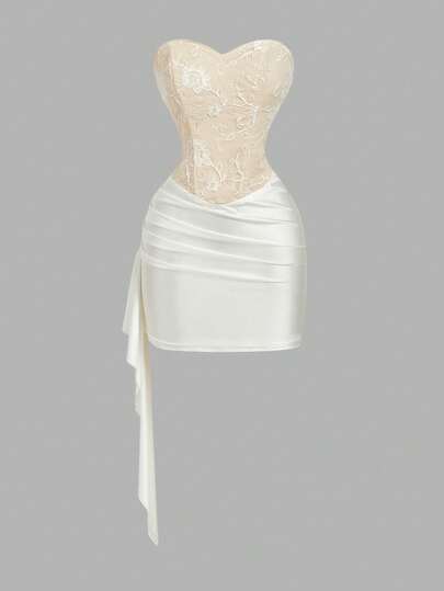 SHEIN MOD Women's Beaded Embroidery Ruched Fashionable Mini Dress,Party Dresses,Flowy Dress,Bodycon Dress,Black Mini Dress,Christmas Women's Clothing,Black Christmas Dress White Corset Dress White Satin Skirt White Sexy Dress Women Rehearsal Dinner Dress White White Satin Dress