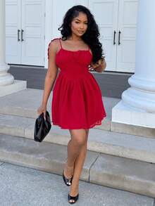 Alexandranx 紅色約會夜蝴蝶結細肩帶連衣裙 - 紅色 - 查看 4