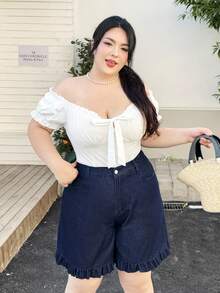 Rivivi 大码女式荷叶边牛仔短裤 - 深色水洗藍 - 查看 3