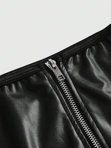 ROMWE Grunge Punk Dark Punk PU Zipper Cross Bra And Thong Sexy Lingerie Set - Black - View 4