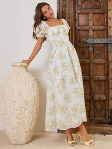 Enchnt 方领系带腰身印花修身花瓣袖连衣裙 - 彩色 - 查看 6