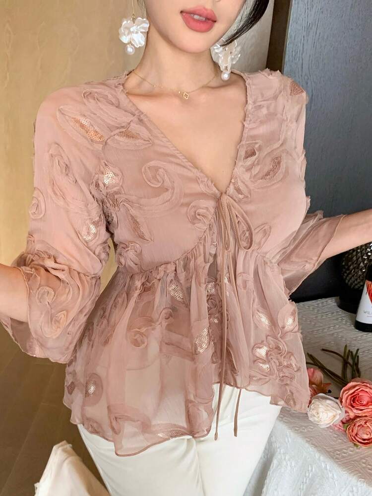 Women's V-Neck Sequin Pleated Blouse, French Elegant Style, Versatile Top Boho