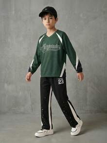 Casuvi Kids Tween Boy Color Block Letter Print Casual Loose Fit Long Sleeve T-Shirt - Green - View 3