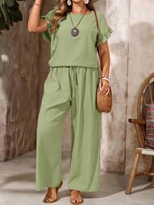 EMERY ROSE 加大码女式荷叶边袖衬衫搭配松紧腰裤套装，黑色，波西米亚休闲风，适合春夏穿着 - 綠色 - 查看 3