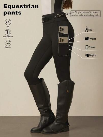 With My Calm Women's Autumn/Winter Sports Equestrian Pants, Black Skinny 3/4 Length With Waistband, Double Layer Pockets, Suitable For Daily Casual Wear, Running, Yoga, Gym, Tennis, Golf, Horse Riding