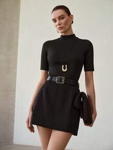 MOTF PREMIUM Falda con cinturón de hebilla de metal de cintura alta minimalista - Negro - Ver 1