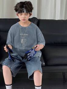 DAZY Áo thun tay ngắn cổ tròn in khẩu hiệu dành cho bé trai tuổi teen, kiểu dáng thường ngày, đa năng. - Màu xanh lam - Xem 3