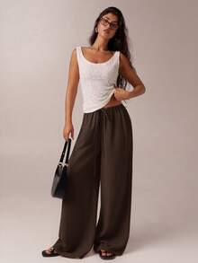 SHEIN PETITE CURVE Neue Damen Große Größen Petite Mädchen Casual Mode Einfarbig Kordelzug Taille Casual Vielseitig Weite Bein Hosen für den täglichen Gebrauch, Hoher Bund lässt Sie schlanker aussehen und Ihre Beine länger, geeignet für Petite Frauen. Hoher Bund lässt Sie schlanker aussehen und Ihre Beine länger, geeignet für Petite Frauen. Geeignet für alle Jahreszeiten und Anlässe, geeignet für Petite Mädchen und Frauen, Sommerhosen Sommer Sommerhosen Sommer Outfits Sommerurlaub Outfits Lange Sommerhosen für Frauen Frühlings-Outfit, Weite Hosen, Büro-Hosen, Braune Hosen, Elegante Hosen, Casual Hosen, Hoher Bund Schlankheits-Weite-Bein-Hosen für den Sommer, Elegante Zeremonien-Hosen für Frauen, Elegante Hosen für Partys, Elegante Hosen für Damen, Elegante Lange Hosen, Urlaubsoutfits Frauen, Urlaubsoutfits für Frauen, Sommerurlaub Outfits, Sommerurlaub Outfits, Casual Hosen für Frauen, Casual Hosen für Frauen - Braun - Übersicht 4