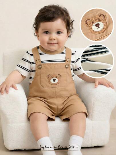 Cozy Pixies 2件套男婴条纹针织柔软圆领短袖套头衫和卡通熊图案背带短裤套装