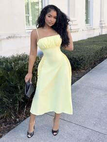Alexandranx Women Dresses Lace Up Zip Ruched Bust Plain Casual - Kuning - View 5