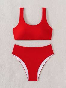 Swim Basics 女士纯色时尚比基尼泳装套装 - 紅色 - 查看 6