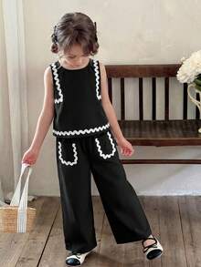 2 pièces Ensemble débardeur rond unicolore et pantalon ample décontracté pour jeune fille - Noir - Voir 7