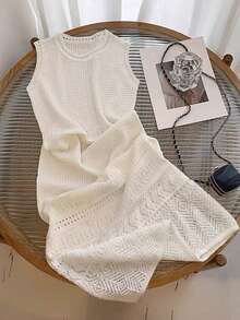 GlowEve White Knit Sleeveless Dress, Waist Cinched, French Hollow-Out Design, Versatile For Beach Vacation, Women Sweater Dress - White - View 1