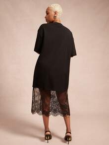 Vixey Lace Hem Drop Shoulder Round Neck Midi Shirt Dress - Black - View 5