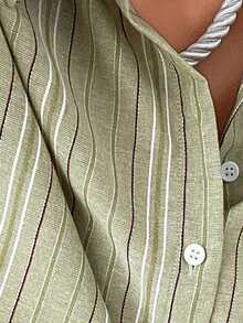 DAZY Women's Striped Loose Waist Casual Shirt - White - View 8
