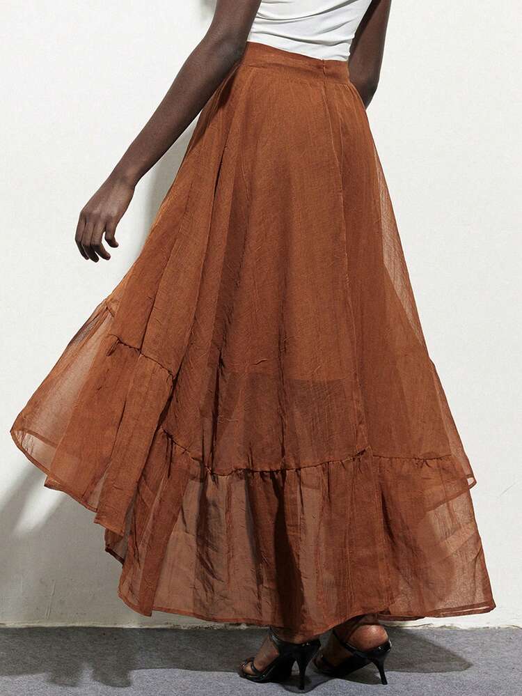 Aveloria Modichic High-Quality, Lightweight, Textured Fabric In A Caramel Brown Color Scheme. Featuring A Vintage Romantic Style With A Puffed Cake Skirt Element, High-Waisted Design, And Layered Ruffle Hem Details In An A-Line Skirt Silhouette. Crafted From A Flowing, Soft Material. Suitable For Dates, Afternoon Tea, Weekend Outings, Artistic Photoshoots, Music Festivals, Casual Daily Wear, And Romantic Dinners. - Coffee Brown - View 2