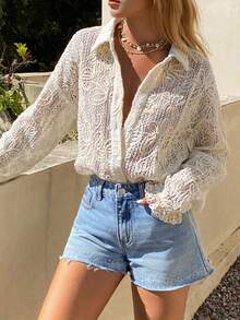 DAZY 纹理提花面料宽松长袖翻领休闲度假夏季女式衬衫 - 杏色 - 查看 6