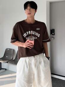 DAZY Men's Letter Print Round Neck Half-Zip T-Shirt, Summer Graphic Tees Men - Brown - View 7