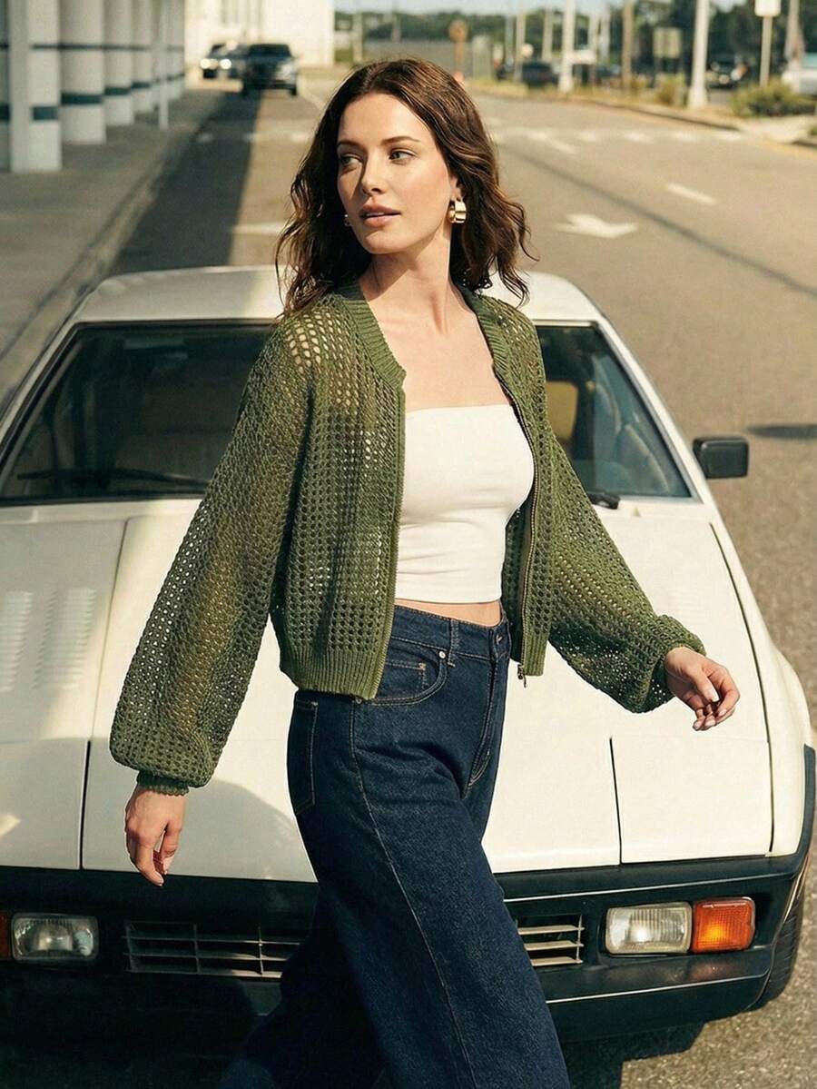 Anewsta Women's Casual Commuting Dropped Shoulder Loose Sheer Open Knit Zip-Up Cardigan - Cadet Blue - View 1