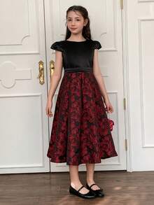 DAZY Tween Girls' Elegant Party Jacquard Patchwork Dress, Summer - Red - View 5