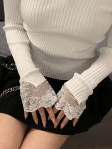 DAZY Women's Solid Color Lace Patchwork Fitted Long Sleeve Sweater - White - View 4