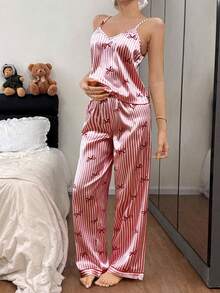Napfluff Conjunto de pijama de mujer con pajarita y top de camisola con estampado de rayas de seda sintética y pantalones - Burdeos - Ver 3