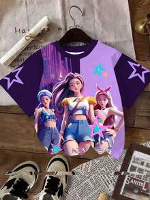 Sparklyn 1件少女卡通K-POP女孩趣味小女孩[上衣]K-POP风格图案T恤，彩色卡通人物圆领短袖T恤，渐变印花，K-POP粉丝礼物，圆领音乐时尚女孩童装男女童装SK童装，姐妹装，适合假日、派对和日常穿着，带有K-POP人物和标志，适合春季、夏季和所有季节 - 黑色 - 查看 4