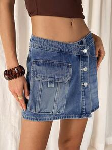 TRNVIE Damen asymmetrischer Bund Einreiher Lässig Jeans-Skort - Blau - Übersicht 6