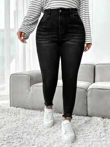 SHEIN ICON Quần jean skinny dáng rộng thoải mái dành cho nữ cỡ lớn - màu đen - Xem 4