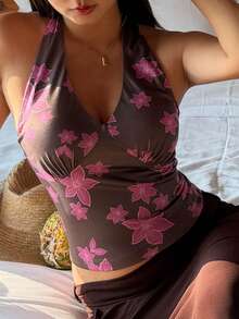 DAZY Top de tirantes con cuello halter con estampado floral y almohadilla de sujetador incorporada para mujeres, adecuado para vacaciones de verano - Gris - Ver 6