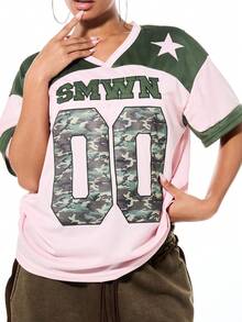SUMWON WOMEN Women's Oversized Mesh V-Neck Short Sleeve Graphic Jersey T-Shirt With Camouflage Print Numbers 00 Pink Green Color Block Athletic Style Top - Pink - View 4