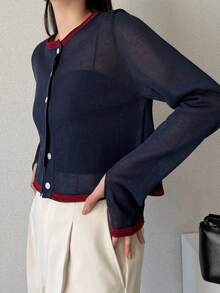 FRIFUL Women's Casual Loose Thin Cardigan With Thumb Hole, Colorblock Sheer Overlay, Versatile For Spring/Summer - Navy Blue - View 5