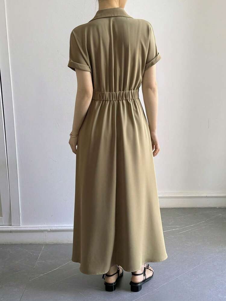 Women's Solid Color Short Sleeve Waist Button Design Casual Shirt Dress Summer