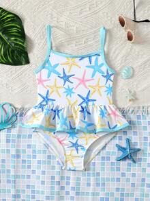 SHEIN 小女孩可爱海星印花连体泳衣，休闲沙滩度假游泳运动时尚甜美休闲出游 - 白色 - 查看 4