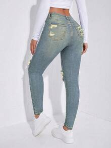 Casual Washed Low-Waist Distressed Skinny Jeans - Blue - View 2