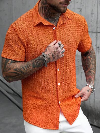 Manfinity RSRT Camisa casual de hombre con cuello vuelto y abotonadura sencilla de manga corta, versátil para ir al trabajo y salidas